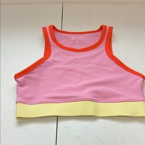 Wilo Pink Colorblock Ribbed Crop Tank with Yellow Hem